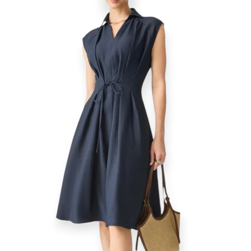 NWT OGL Viscose Linen Collared V-neck Midi Dress Drawstring Denim Navy Small
